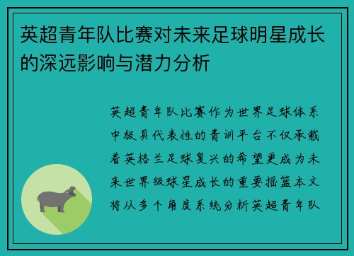 英超青年队比赛对未来足球明星成长的深远影响与潜力分析